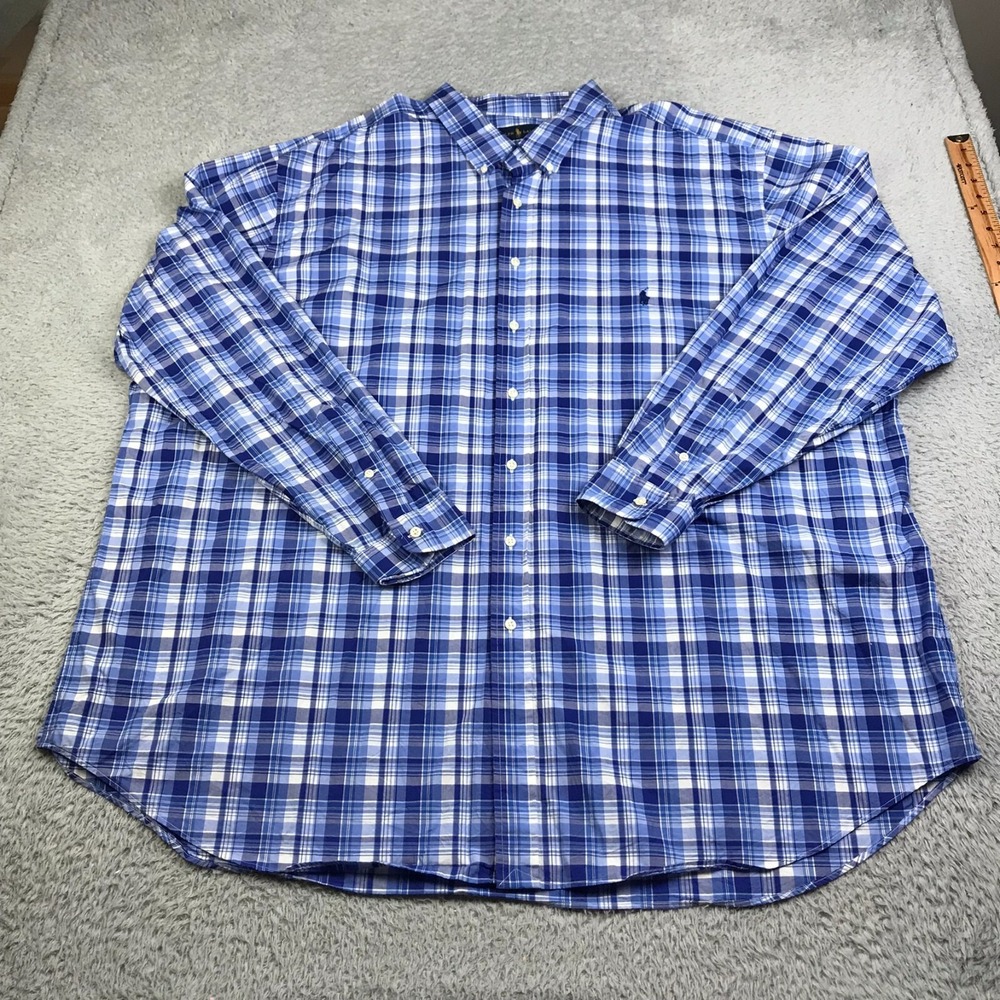 Ralph Lauren Shirt Mens 4XLT Tall Blue‎ Plaid 100% Cotton Navy Pony Logo LS